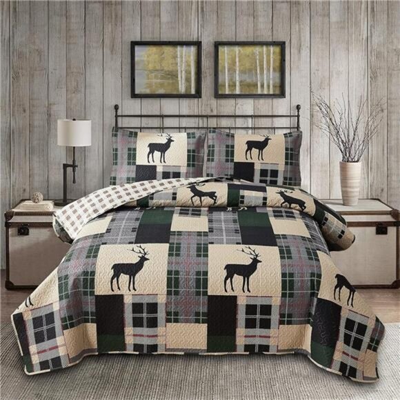 Lodge Bedspread Set Twin Size Rustic Cabin Quilt Set Deer Bedding sets - Picture 1 of 7